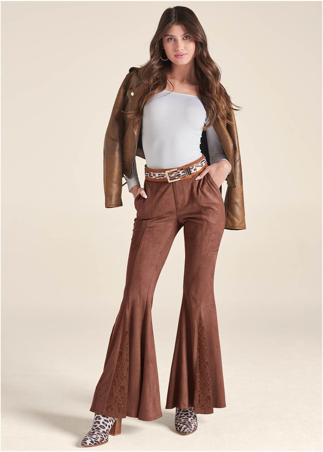 Women Solid Color Flared Suede Brown Pants, High Waist Bootcut Trousers -  WAY