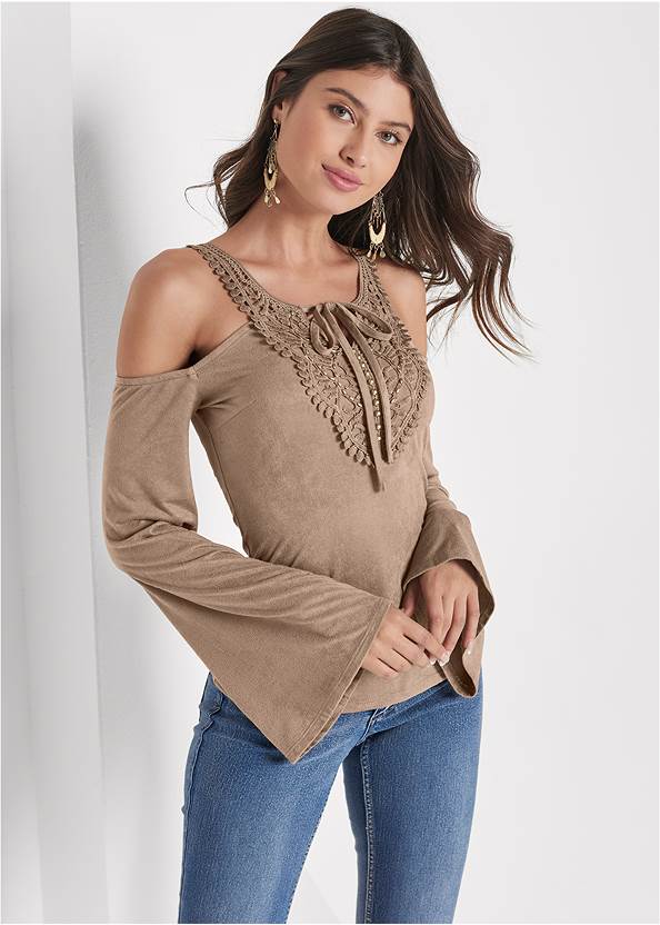 Cropped front view Faux-Suede Crochet Trim Top