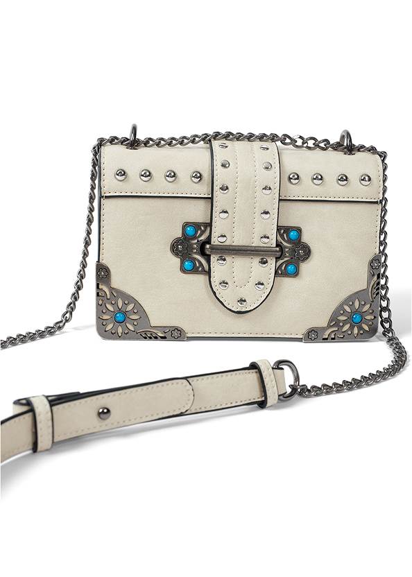 Studded Turquoise Crossbody,Off-The-Shoulder Top,Acid Wash Cargo Jeans,Lucite Detail Heels