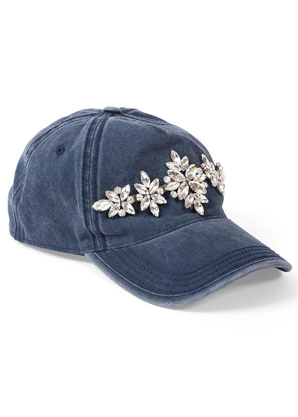 Embellished Denim Hat,Crochet Trim Zipper Hoodie,Capri Jeans,Multi Color Stone Sandals,Hoop Detail Earrings