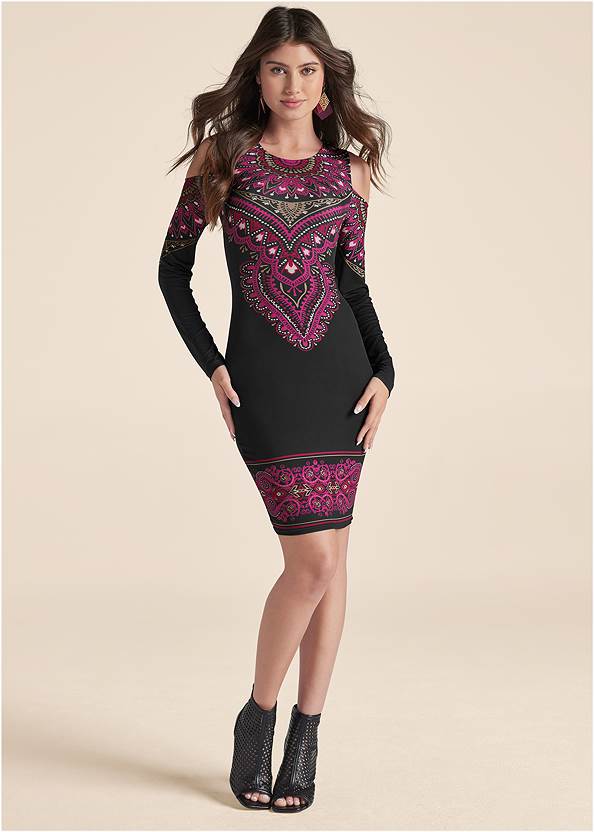 Full front view Paisley Cold-Shoulder Dress