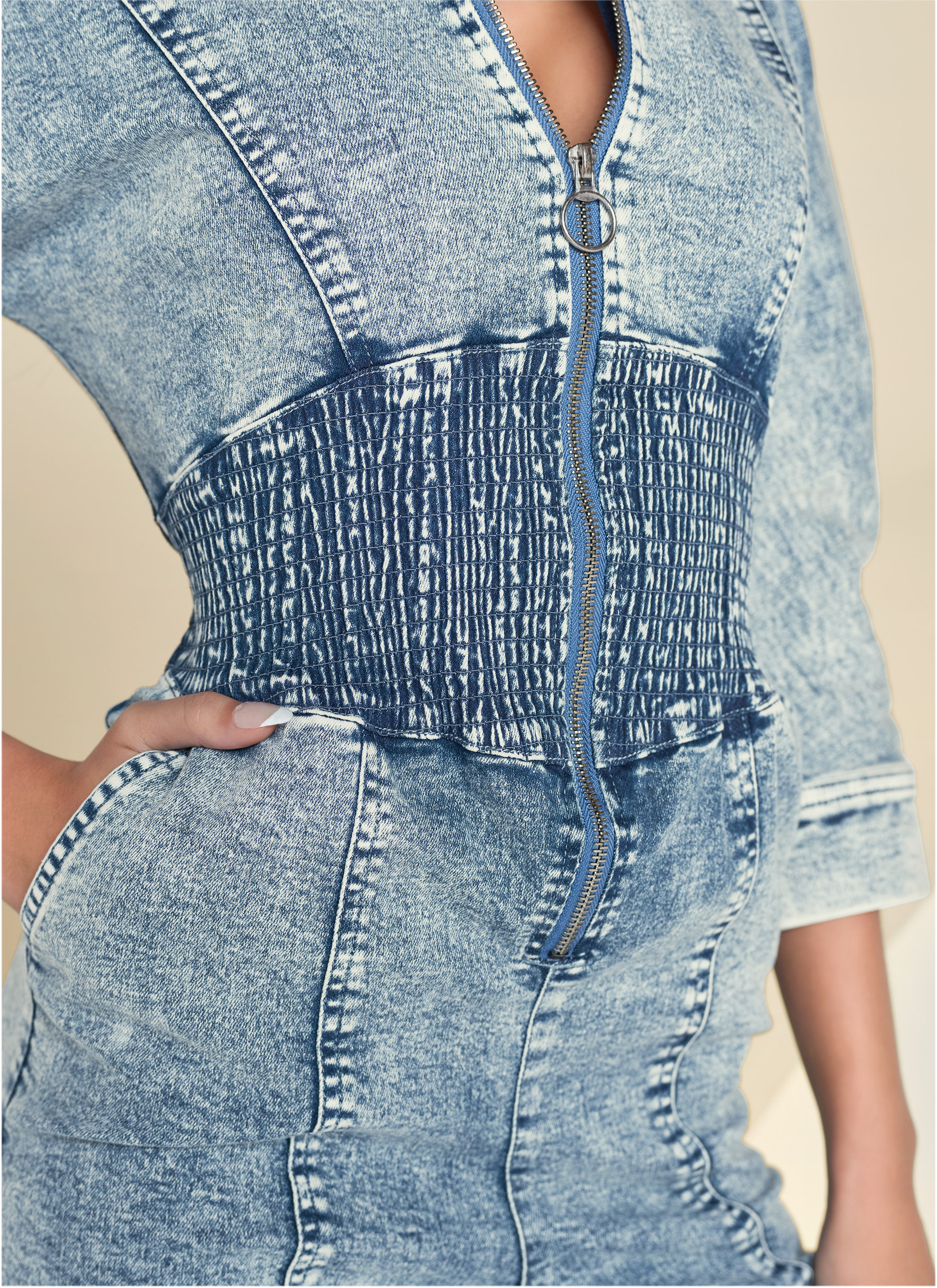 ACID WASH SMOCKED JUMPSUIT in Cool Wash | VENUS