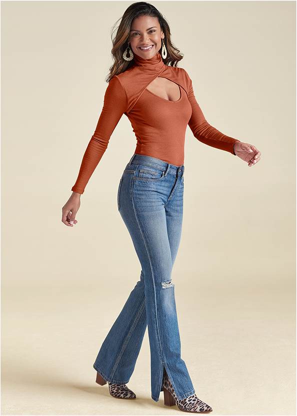 New Vintage Split Hem Jeans,Cutout Mock-Neck Top, Any 2 Tops For $49,Swiss Dot Lace Top,Western Block Heel Booties,Beaded Drop Earrings,Macrame Fringe Bag