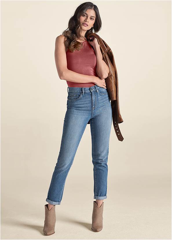 New Vintage Straight Jeans,Distressed Moto Jacket,Hi-Def High-Neck Bodysuit,Lace Cold-Shoulder Top,Western Block Heel Booties,Whipstitch Peep Toe Booties,Mixed Earring Set,Striped Jute Crossbody