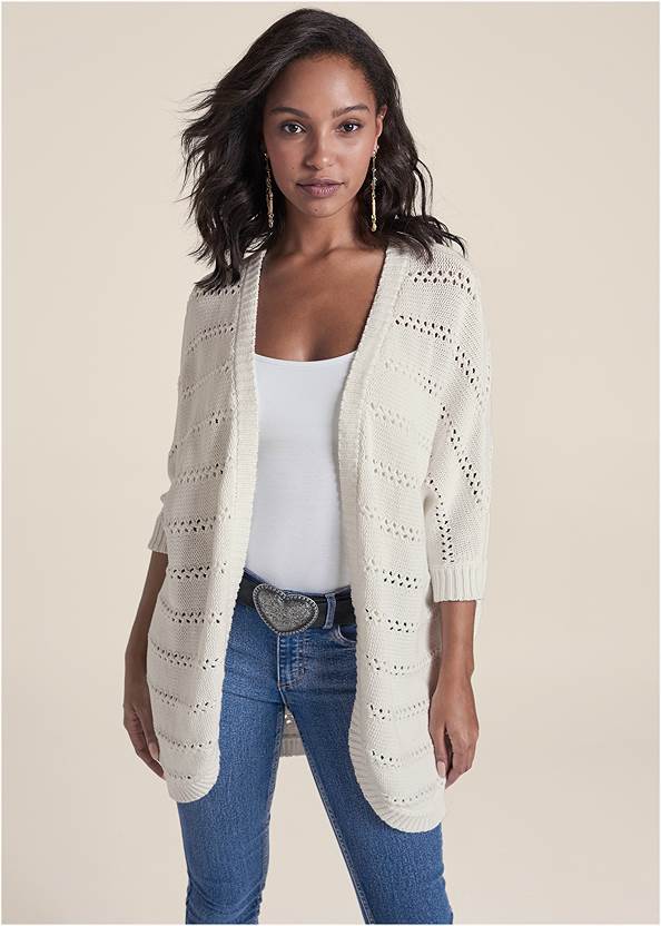 Pointelle Stitch Cocoon Cardigan,Basic Cami Two Pack,Skinny Jeans,Peep Toe Booties,Boho Chandelier Earrings