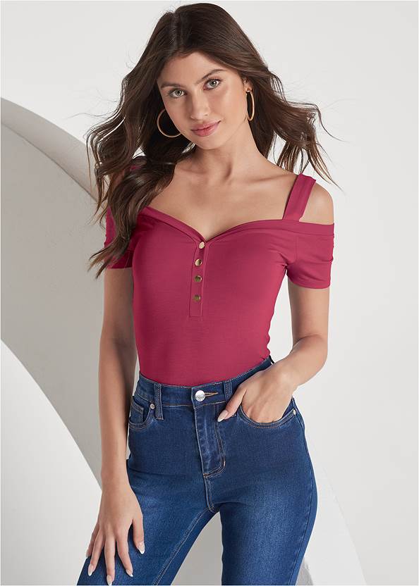 Cropped front view Cold Shoulder Snap Detail Top