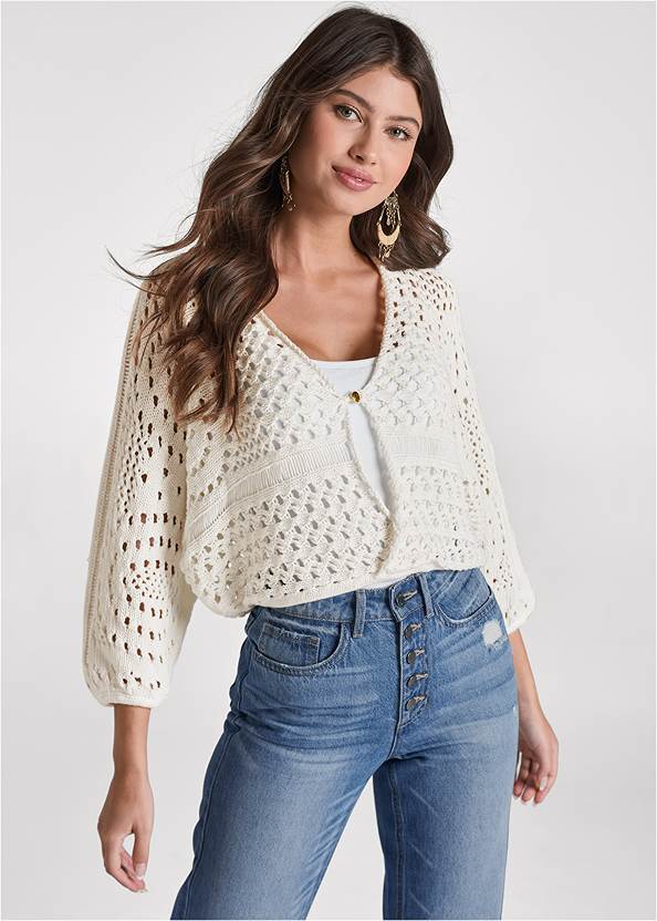 Open Stitch Cropped Sweater,Basic Cami Two Pack,Button Front Wide Leg Jeans,Pintuck Semi-Flare Jeans,Utility Cargo Skirt,Whipstitch Peep Toe Booties,T-Strap Heels,Boho Chandelier Earrings,Beaded Drop Earrings,Mini Structured Handbag