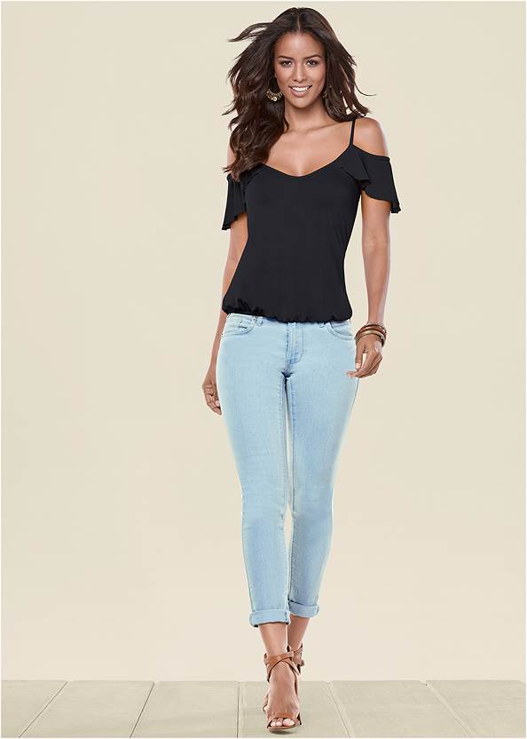 Full Front View Ruffle Cold-Shoulder Top