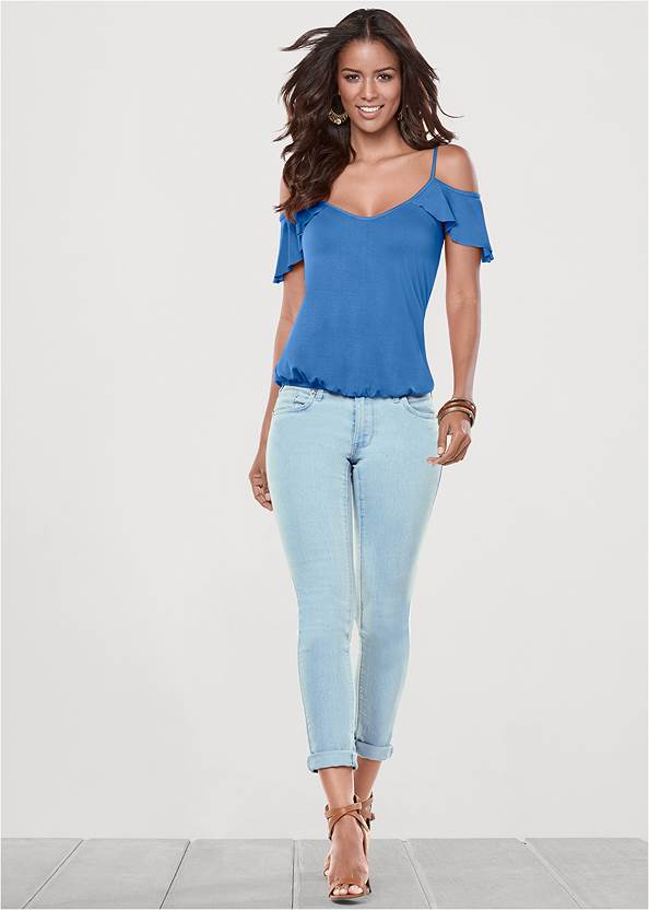 Front View Ruffle Cold-Shoulder Top