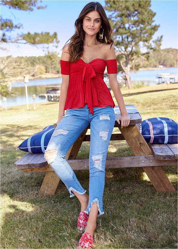 Triangle Hem Jeans,Tie Front Smocked Top,Long Sleeve Babydoll Top,Basic Cami Two Pack,Ruffle Front Ribbed Sweater,Bandana Print Slide Sandal,High Heel Strappy Sandals,Strappy Toe Loop Heels,Hoop Detail Earrings,Shell Detail Slide Sandals