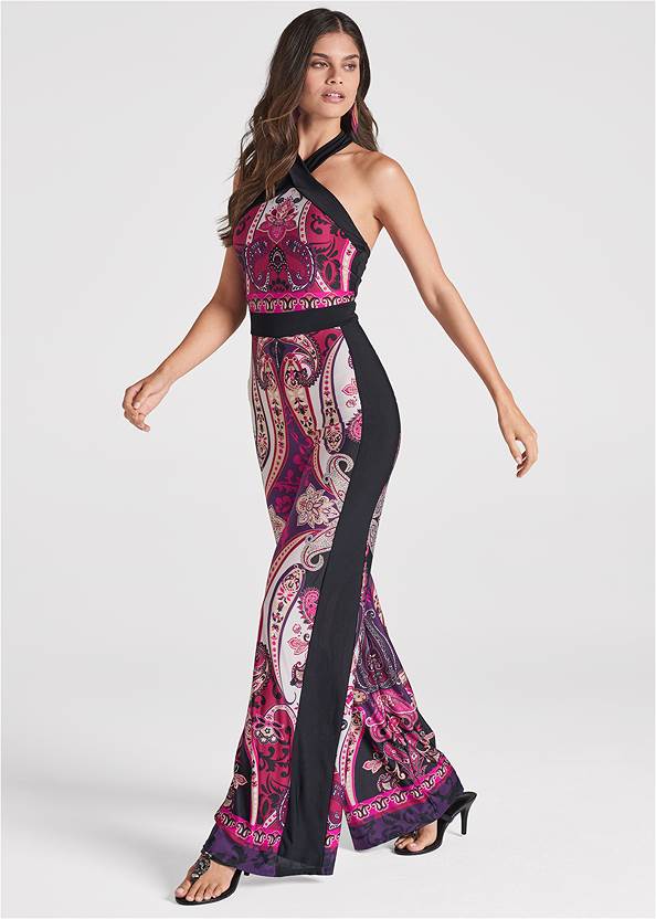 Full Front View Paisley Print Halter Jumpsuit