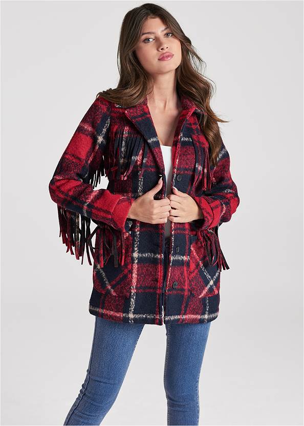 Plaid Print Shacket,Basic Cami Two Pack,Mid Rise Color Skinny Jeans,Triangle Hem Jeans,Wrap Stitch Detail Booties,Embellished Combat Boots