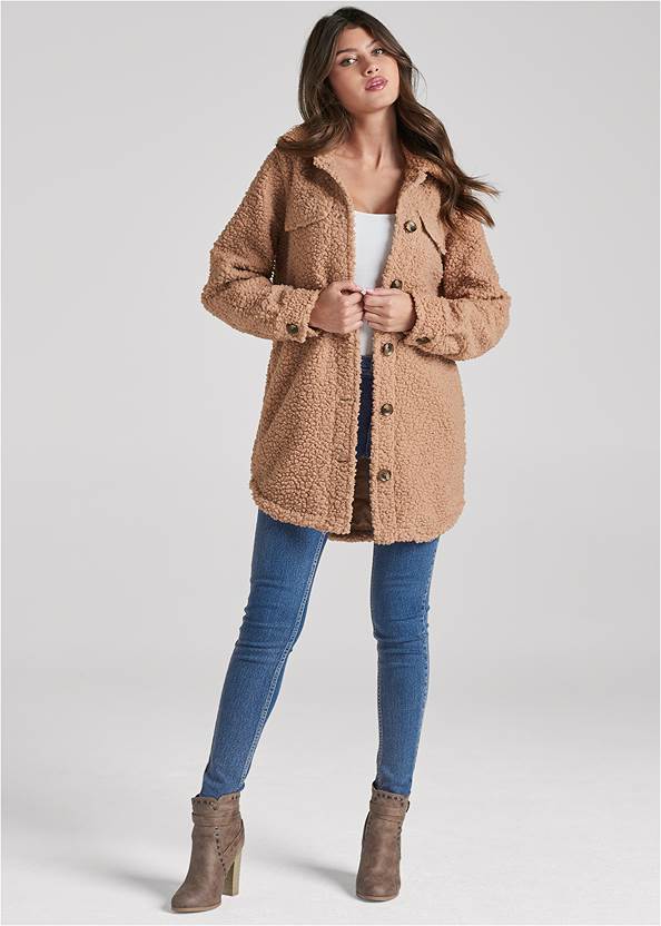 Long Line Faux Fur Shacket,Basic Cami Two Pack,Mid Rise Color Skinny Jeans,Fishnet Inset Jeans,Wrap Stitch Detail Booties,Ruched Peep Toe Booties