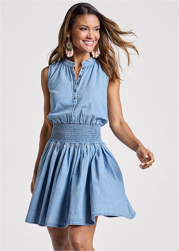 Henley Chambray Dress,Embellished Rope Sandals,Lucite Detail Heels,Striped Jute Crossbody