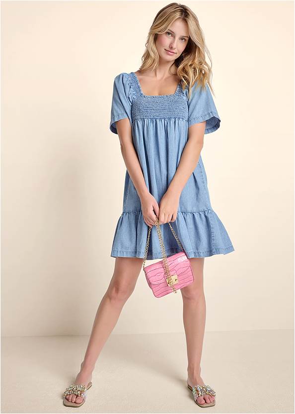Full Front View Smocked Chambray Dress