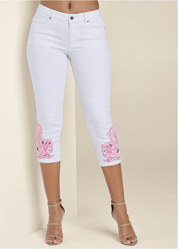 Waist down front view Embroidered Trim Capris