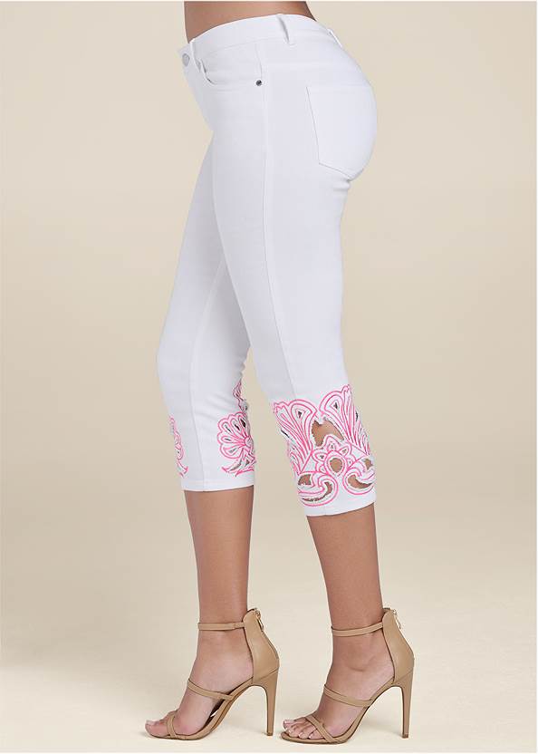 Waist down side view Embroidered Trim Capris