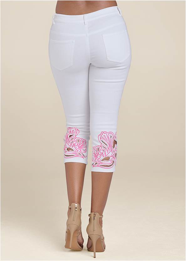 Waist down back view Embroidered Trim Capris