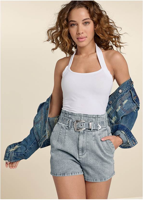 High-Waist Belted Shorts,Cropped Puff Sleeve Denim Jacket,Easy Halter Top,High Heel Strappy Sandals,Hoop Detail Earrings,Studded Turquoise Crossbody