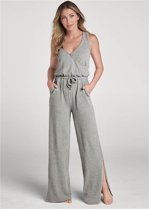 Cozy Hacci Surplice Jumpsuit,Lace-Up Star Sneakers,Oversized Gold Hoop Earrings,Striped Rope Shell Tote Bag