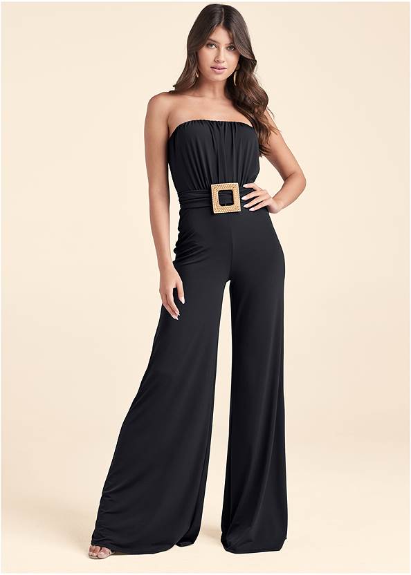 Strapless Belted Jumpsuit,High Heel Strappy Sandals,Ankle Strap Espadrilles,Beaded Heart Earrings,Striped Rope Shell Tote Bag