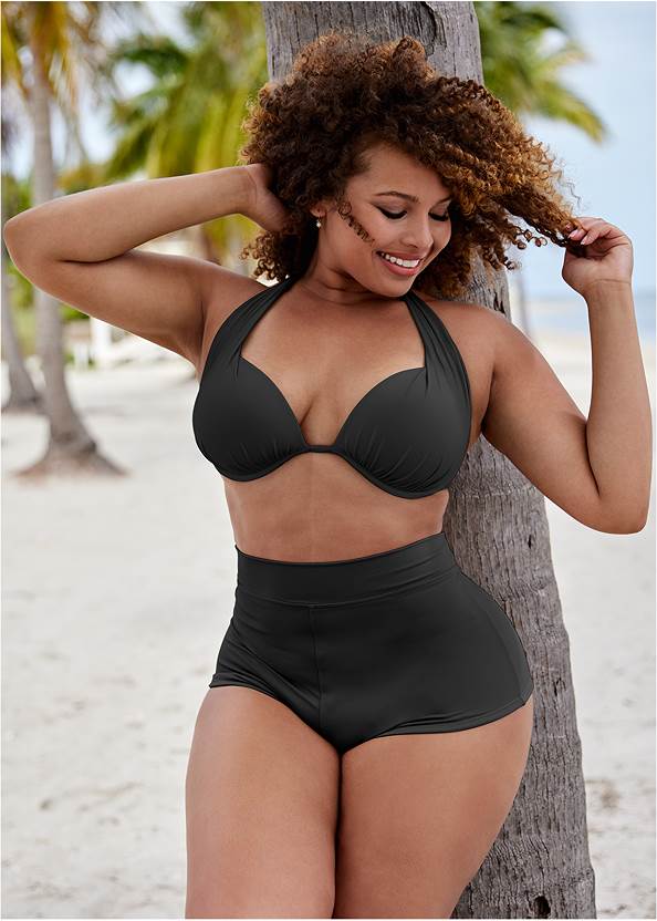 Marilyn Underwire Push-Up Halter Top,High-Waist Cheeky Swim Shorts,Classic Hipster Mid-Rise Bottom,Full Coverage Mid-Rise Hipster Bikini Bottom,Skirted Mid-Rise Bottom,Long Kimono Cover-Up