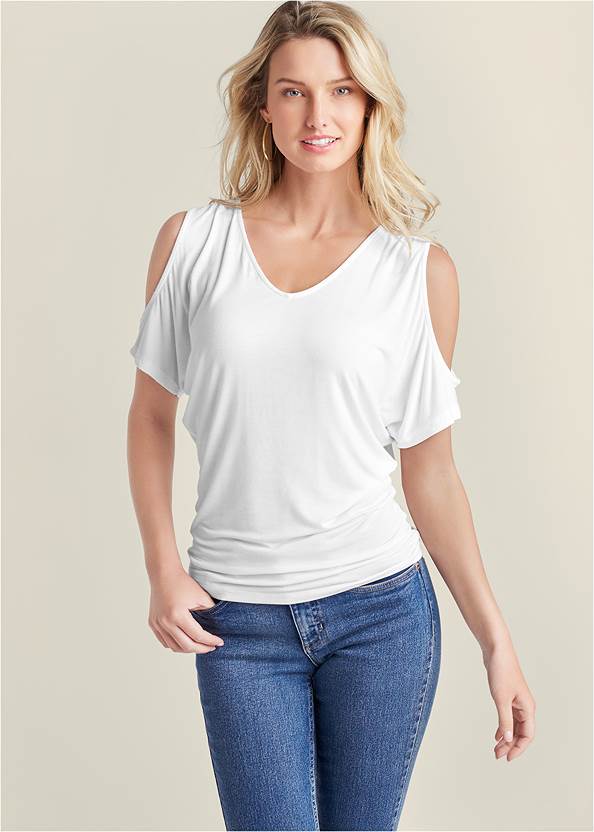 Cold-Shoulder V-Neck Top, Any 2 Tops For $39,New Vintage Wide Flare Jeans,Slim Jeans,Western Block Heel Booties,Whipstitch Peep Toe Booties,Mixed Earring Set,Boho Coin Bib Necklace