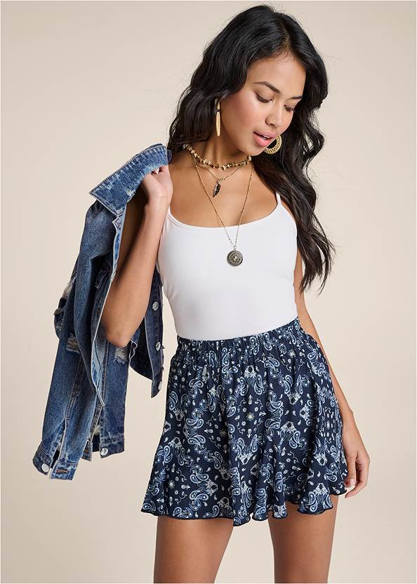 Paisley Print Ruffle Shorts,Jean Jacket,Basic Cami Two Pack,Square Neck Tank Top, Any 2 For $39,Rope-Sole Wedge Slides,Espadrille Platform Heels,Paisley Denim Weekender Bag