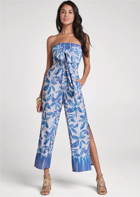 Printed Tie Jumpsuit,Cropped Puff Sleeve Denim Jacket,3 Pack Breast Petals,Multi Color Stone Sandals,Studded Leather Cork Wedges