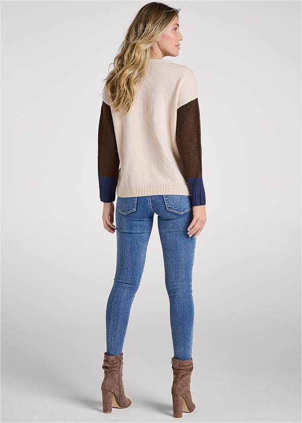 Back View Color Block Sleeve Sweater