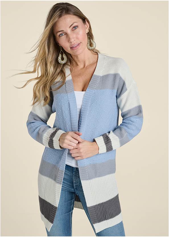 Cropped Front View Color Block Stripe Cardigan