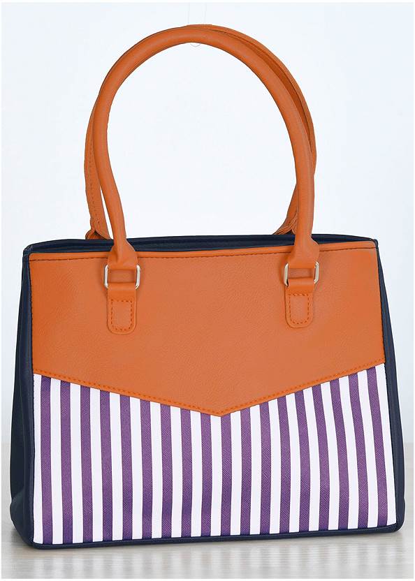Flatshot front view Striped Tan Handbag