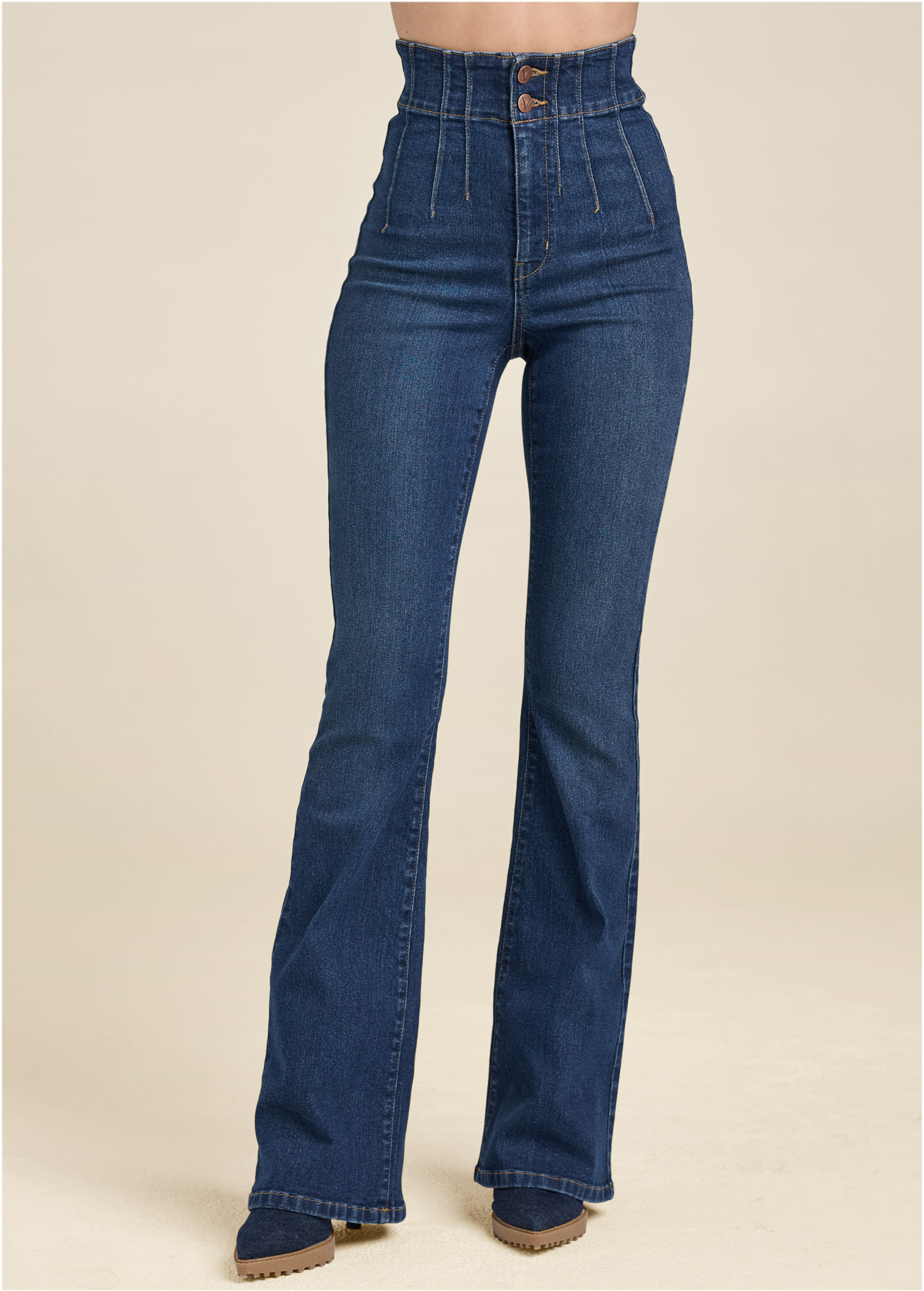 Pintuck Semi-Flare Jeans in Dark Wash - Denim | VENUS