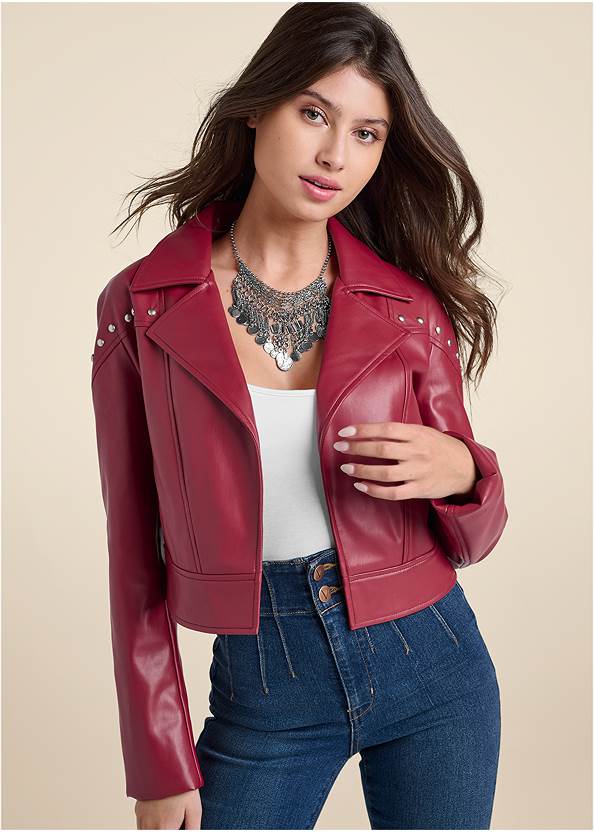 Faux-Leather Grommet Jacket,Basic Cami Two Pack,Pintuck Semi-Flare Jeans,Western Block Heel Booties