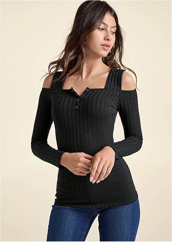 Front View Cold-Shoulder Ribbed Top