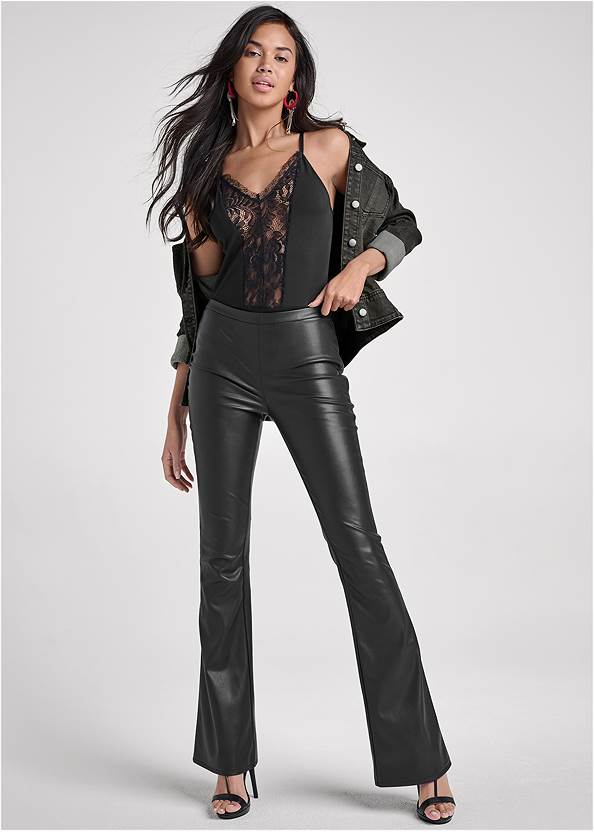 Flare Faux Leather Pants,Lace Detail Tank,Bow Detail Top,Jean Jacket,T-Strap Heels