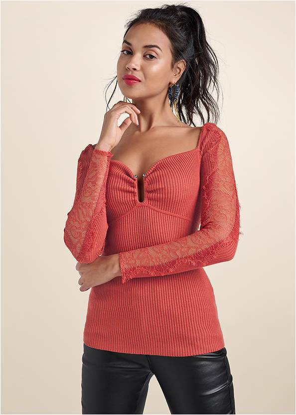 Front View Lace Sleeve Ribbed Sweater