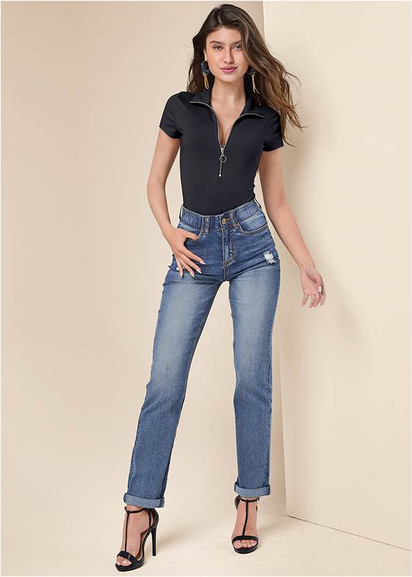 Elastic Waistband Cuffed Jeans,Shape Embrace Cold-Shoulder Top