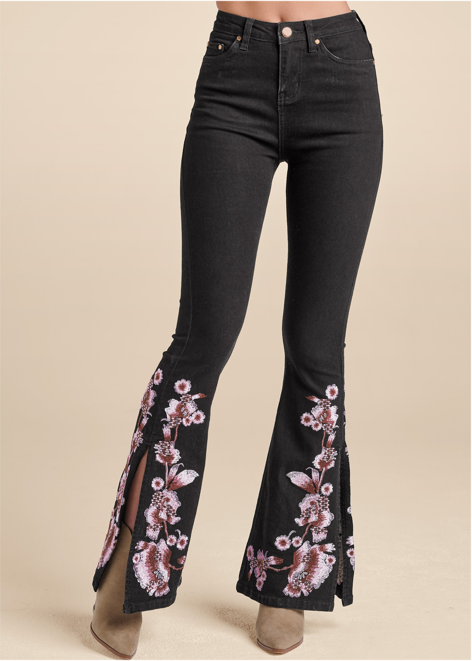Slit Flare Floral Jeans in Black Denim - Denim | VENUS