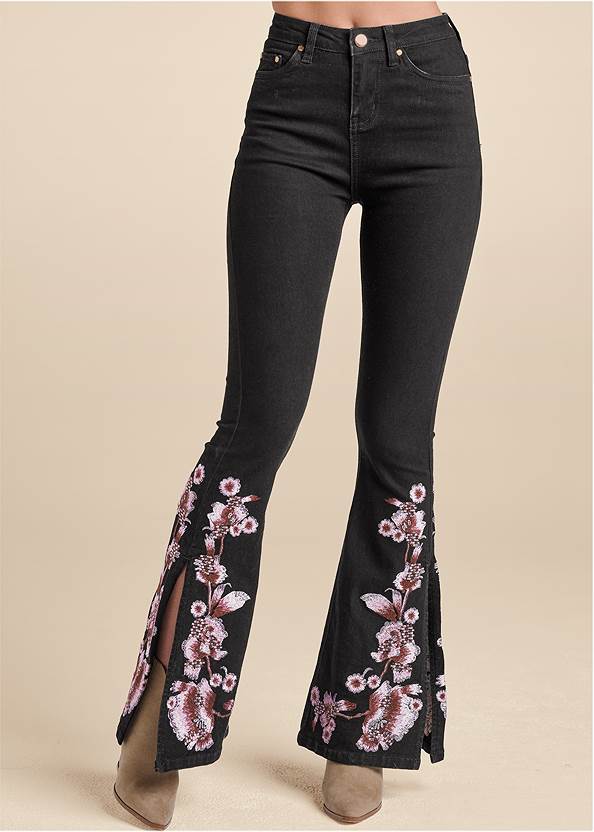Front View Slit Flare Floral Jeans