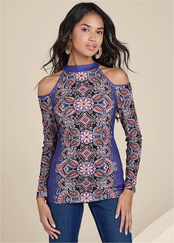 Paisley Cold-Shoulder Top,Mid-Rise Skinny Jeans,Bootcut Jeans,Back Lace-Up Flat Boots,Mixed Earring Set