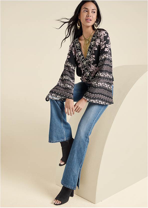 Full front view Bell Sleeve Print Wrap Top