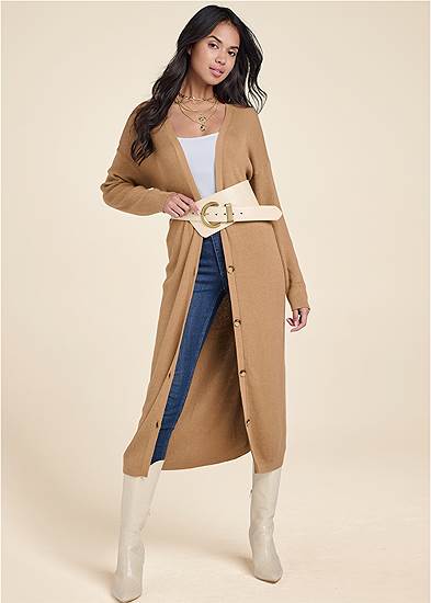Button-Front Ribbed Duster