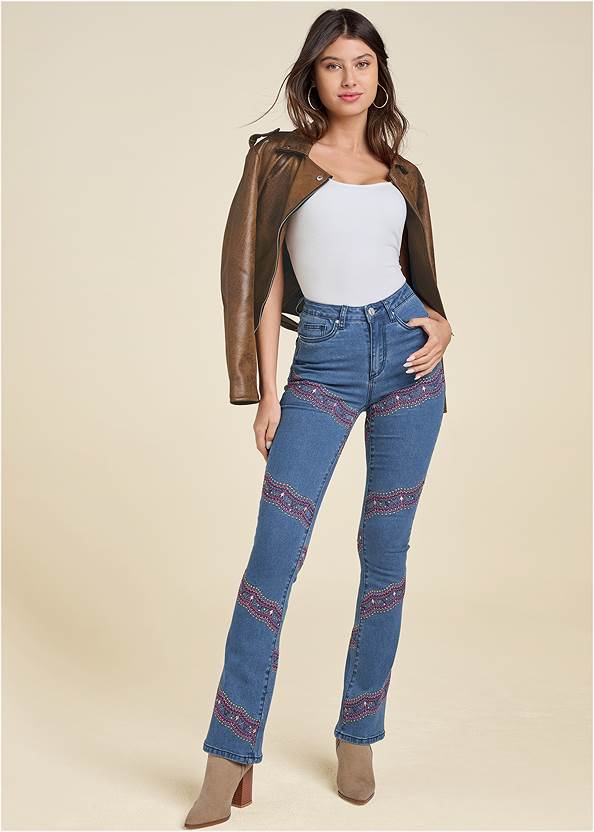 Embellished Bootcut Jeans,Basic Cami Two Pack,Off-The-Shoulder Top,Distressed Moto Jacket,Western Block Heel Booties,Mixed Earring Set,Fringe Bucket Bag