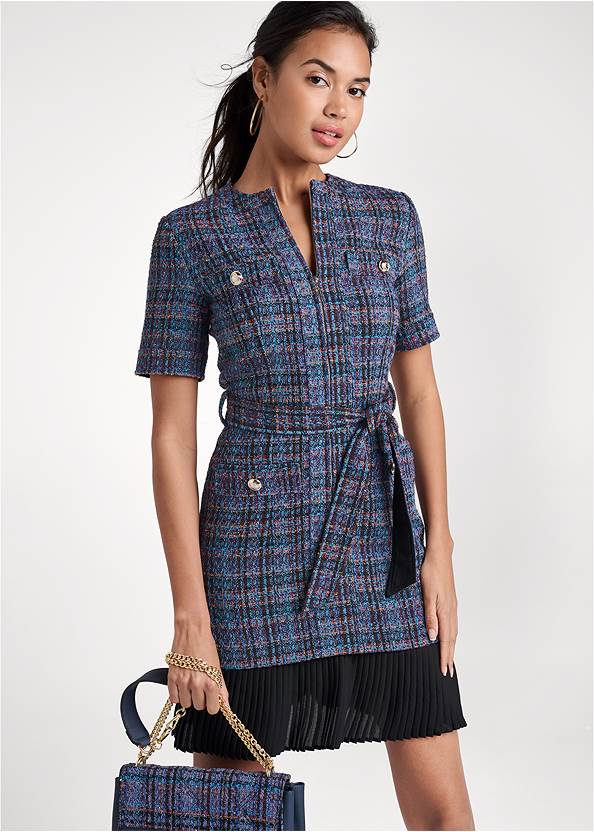 Cropped front view Tweed Twofer Dress