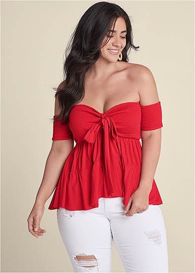 Plus Size Tie Front Smocked Top