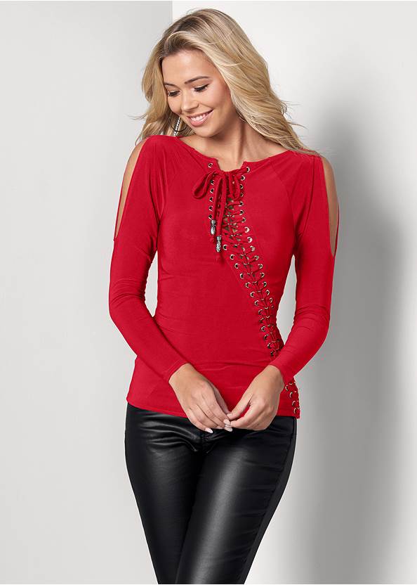Lace-up cold-shoulder top in Red | VENUS