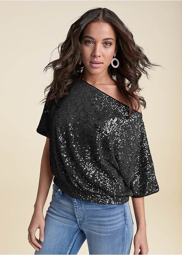 Off-The-Shoulder Sequin Top,5-Pocket Faux-Leather Pants,Slim Jeans,T-Strap Heels,Rhinestone Buckle Belt,Beaded Sparkle Hoop Earring,Beaded Clutch And Crossbody