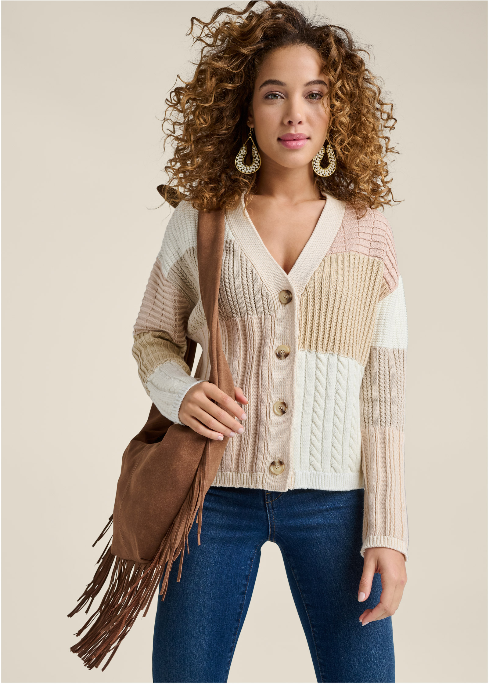 Patchwork Cable Knit Cardigan in Cream Multi | VENUS