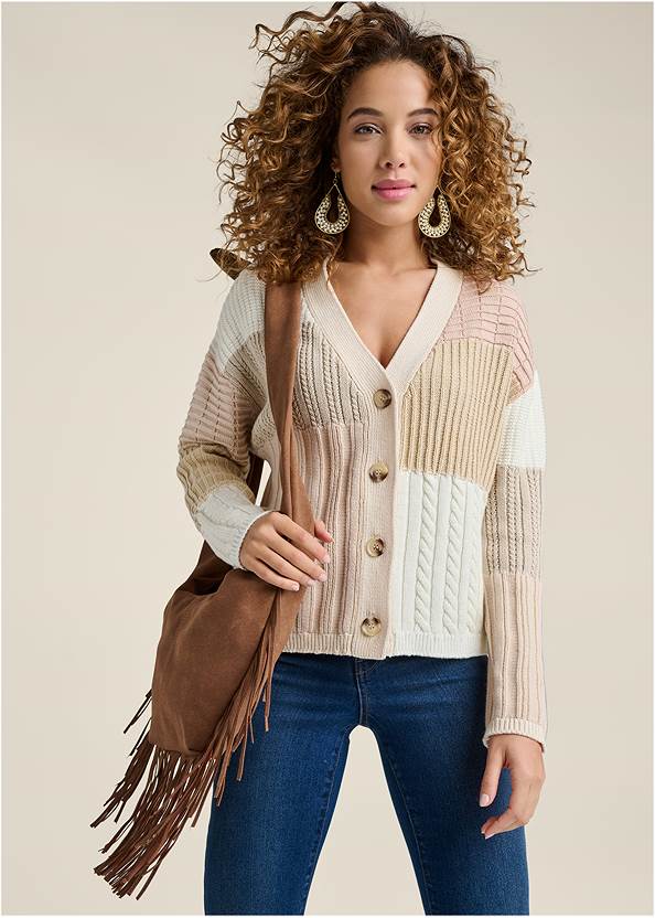 Cropped Front View Patchwork Cable Knit Cardigan